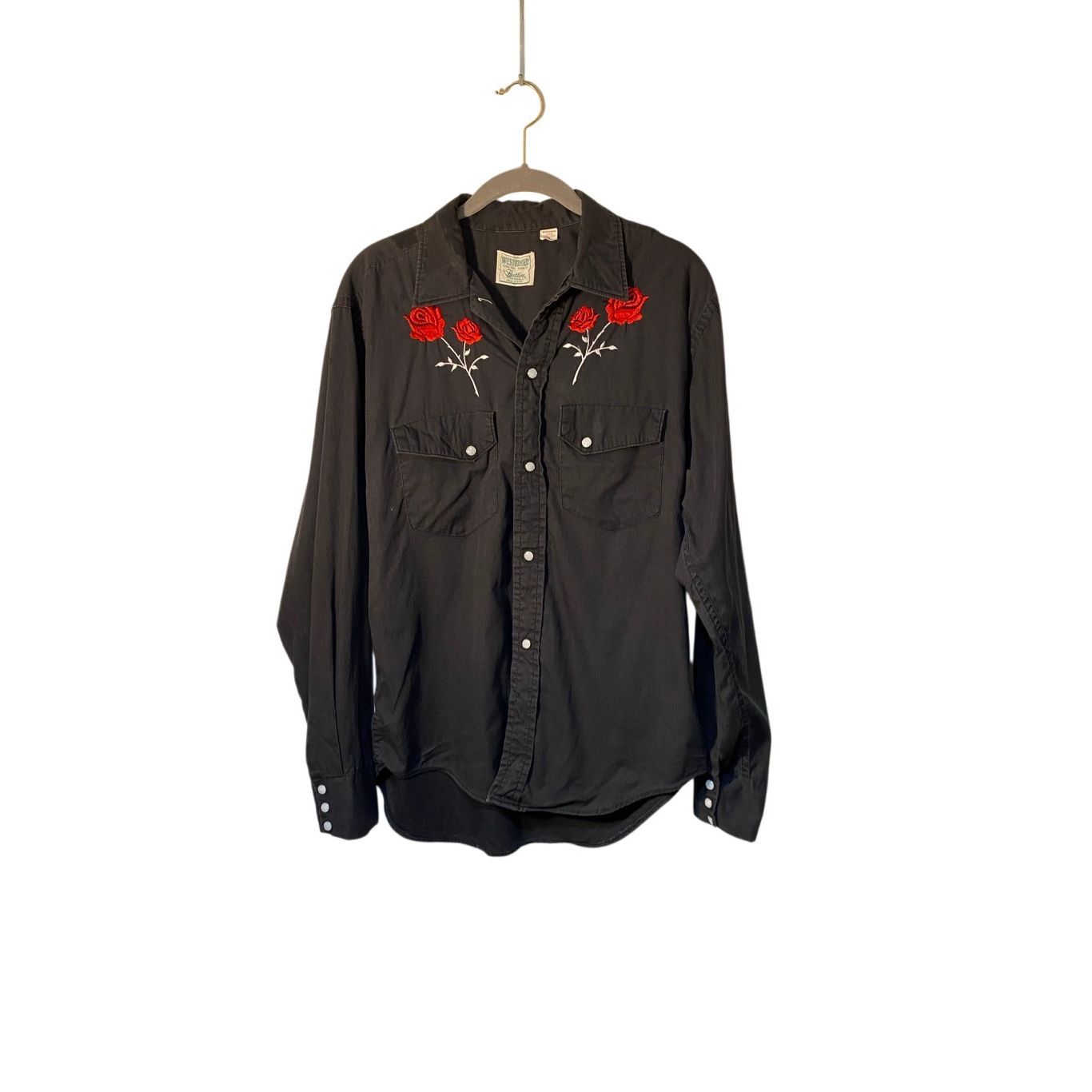 Vtg 1950 Westerner By Fleetline Mens Black Embroidered Rose Pearl Snap Shirt